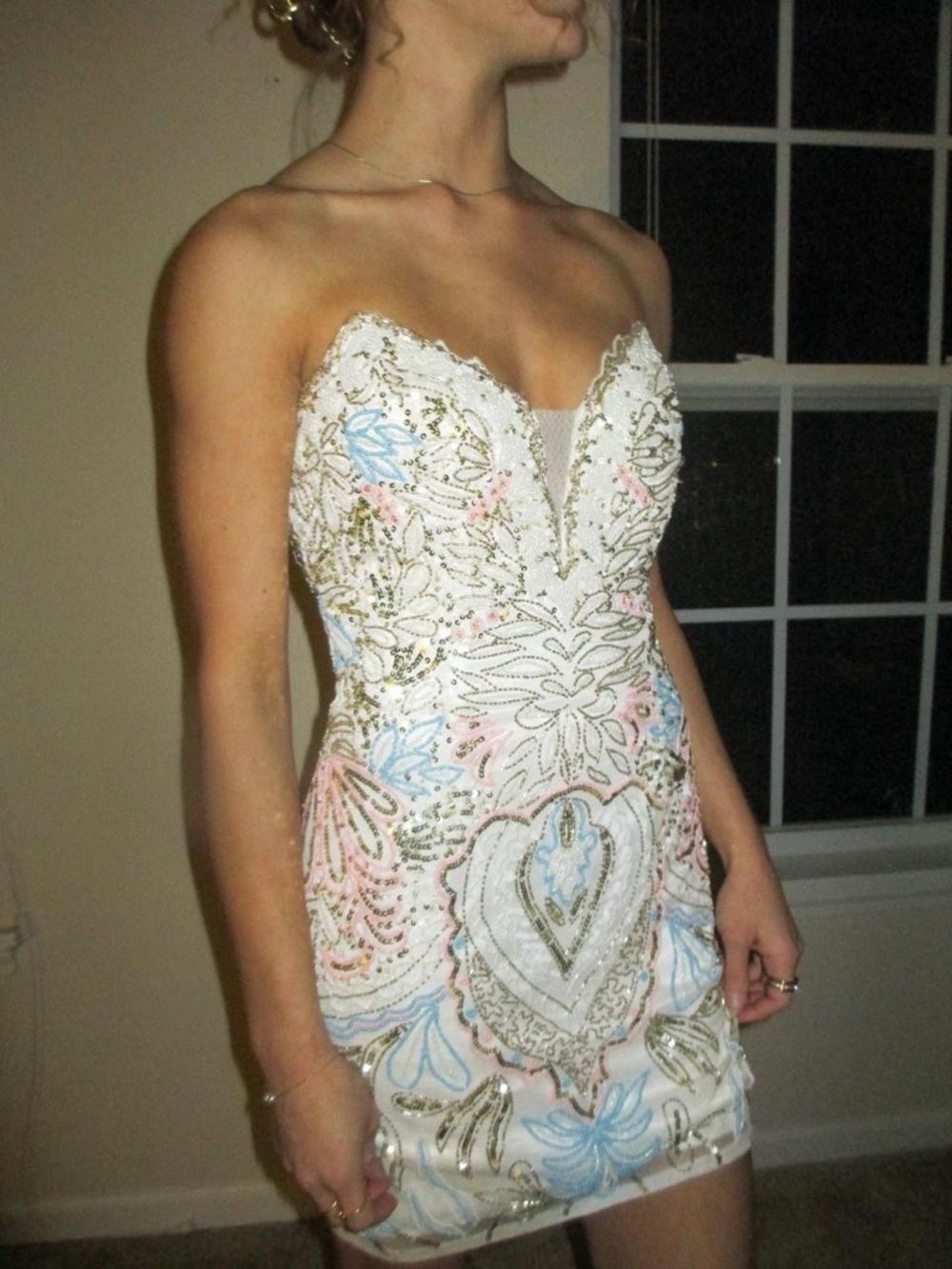 Primavera Couture White Strapless Beaded Floral Mini Dress with Pastel Accents